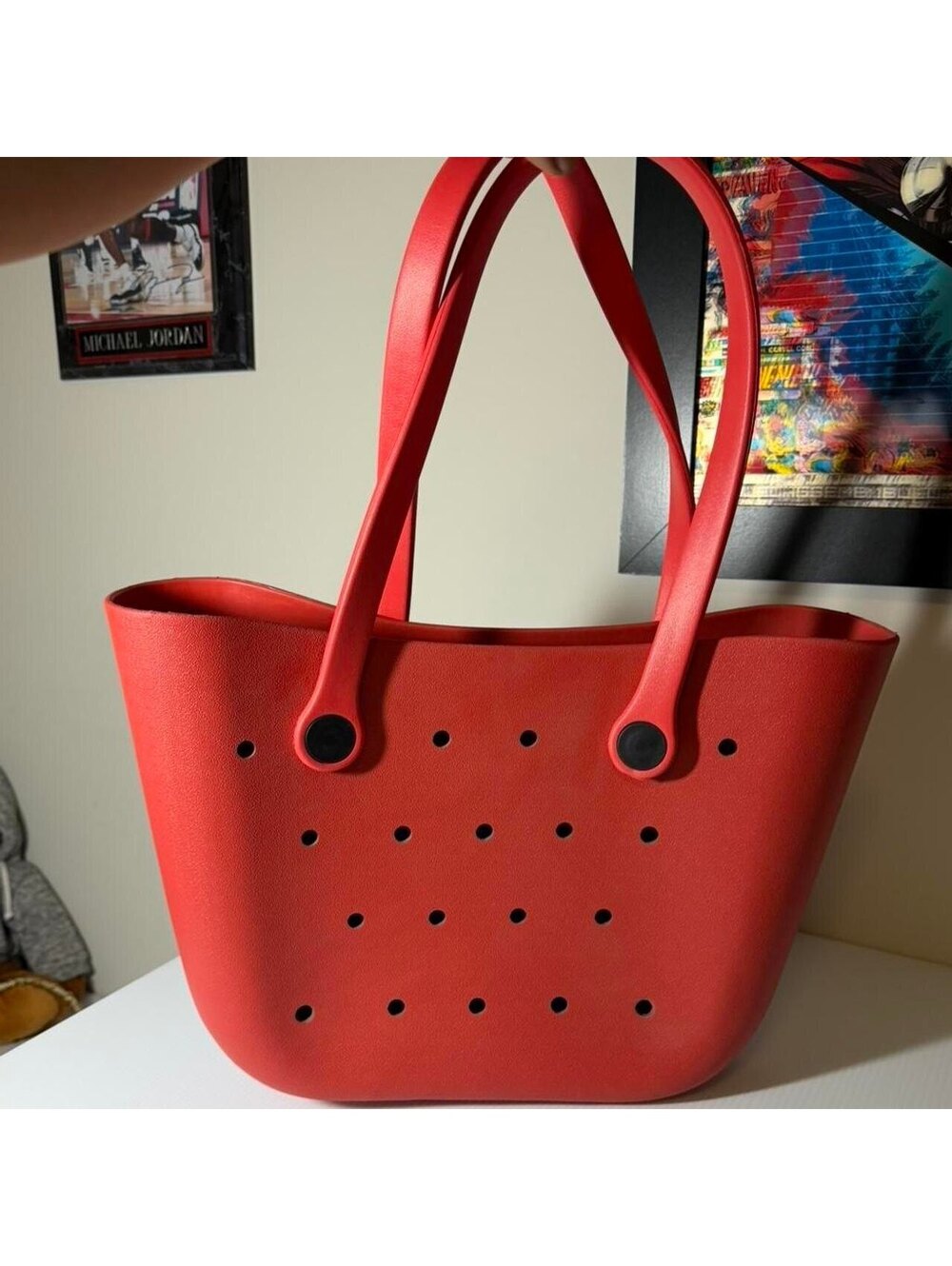 O Bag Red Rubber Tote Bag with Perforated Design